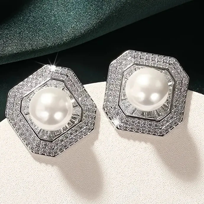 Luxury Geometric Copper Alloy Pearl Stud Earrings Wedding Jewelry for Women
