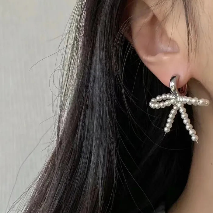 Handmade Korean Pearl Bow Tassel Hoop Earrings Zinc Alloy Dangle Y2K
