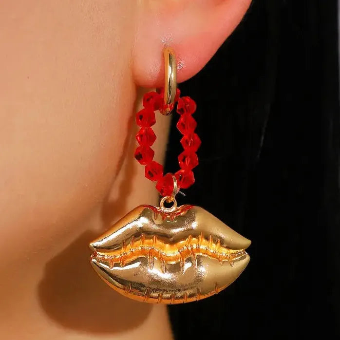 Large Red Beaded Lip Drop Earrings for Women Bold Statement Jewelry