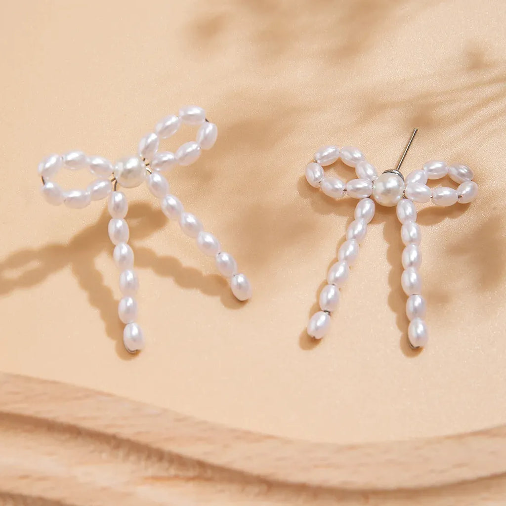 2026 Korean Handmade Zinc Alloy Bow Pearl Tassel Earrings for Women