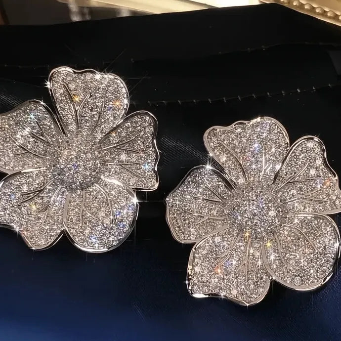 Big Flower Cubic Zirconia Geometric Stud Earrings Wedding Jewelry for Women