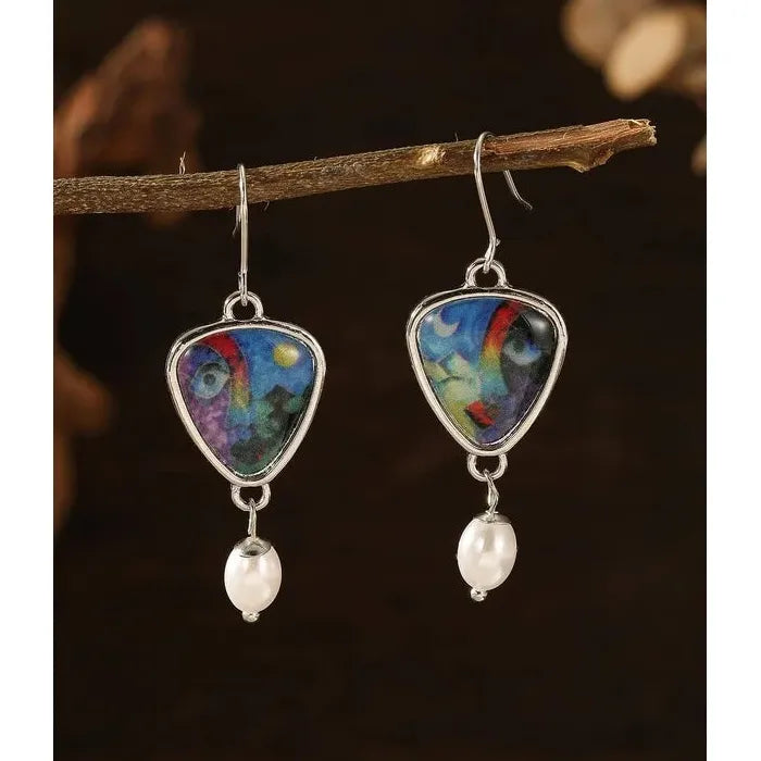 Vintage Geometric Antique Silver Resin Drop Earrings with Imitation Pearl Pendant Gift