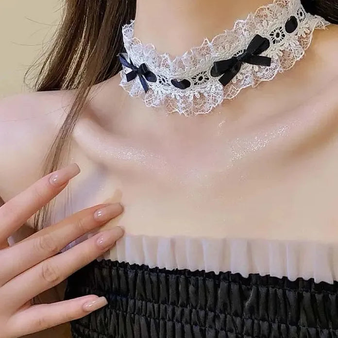 Elegant White Lace Bowknot Cotton Choker Necklace for Women Girls Jewelry