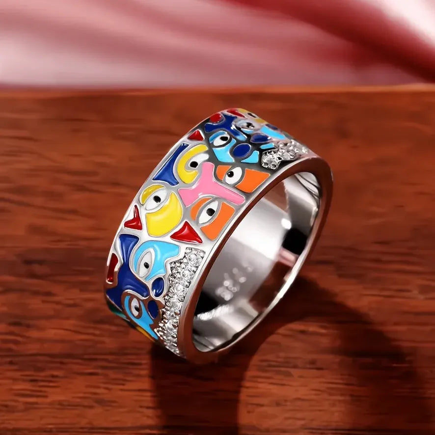 Gold Brass Geometric Ring with Colored Enamel and Cubic Zirconia Jewelry