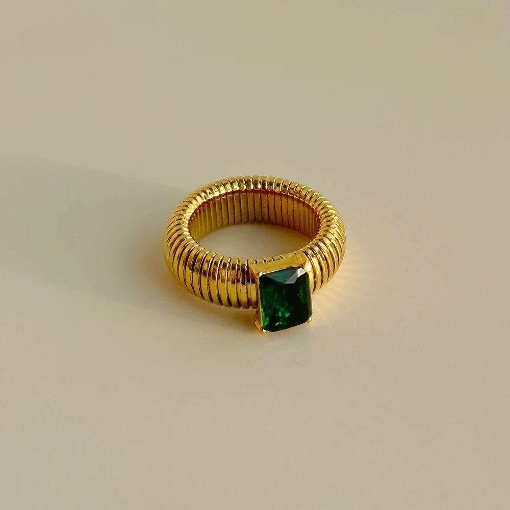 Punk Multicolor Crystal Ring for Women 18K Gold Plated Waterproof Thick Square Ring