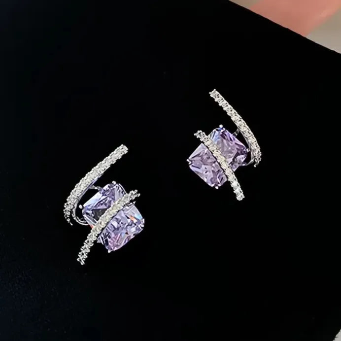 Purple Geometric Cubic Zirconia Stud Earrings for Women Bridal 2023