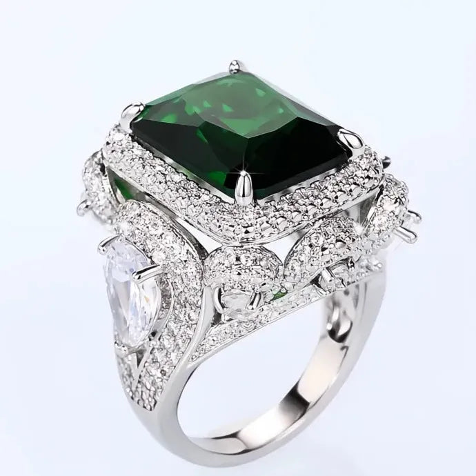 Green Cubic Zirconia Brass Ring Luxury Wedding Anniversary Jewelry Gift