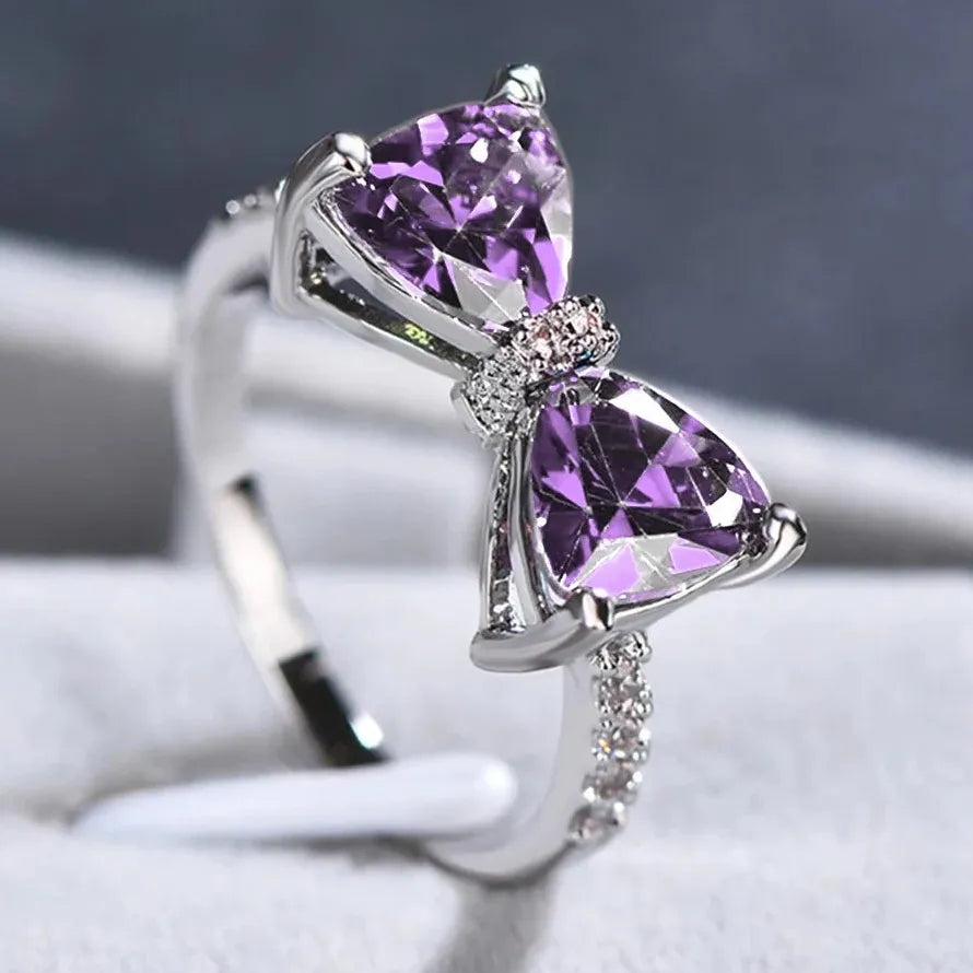 Purple CZ Bow Ring for Women Zinc Alloy Wedding Party Fashion Jewelry Gift