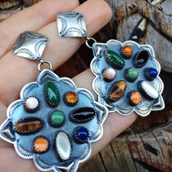 Retro Ethnic Style Antique Silver Drop Earrings with Colorful Gemstones, Lightweight Zinc Alloy
