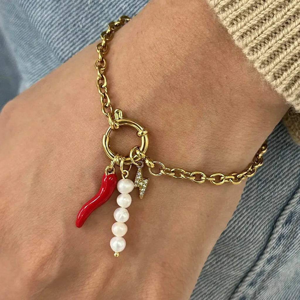 18k Gold Plated Red Chili Pepper Pearl Charm Bracelet Stainless Steel Women Jewelry