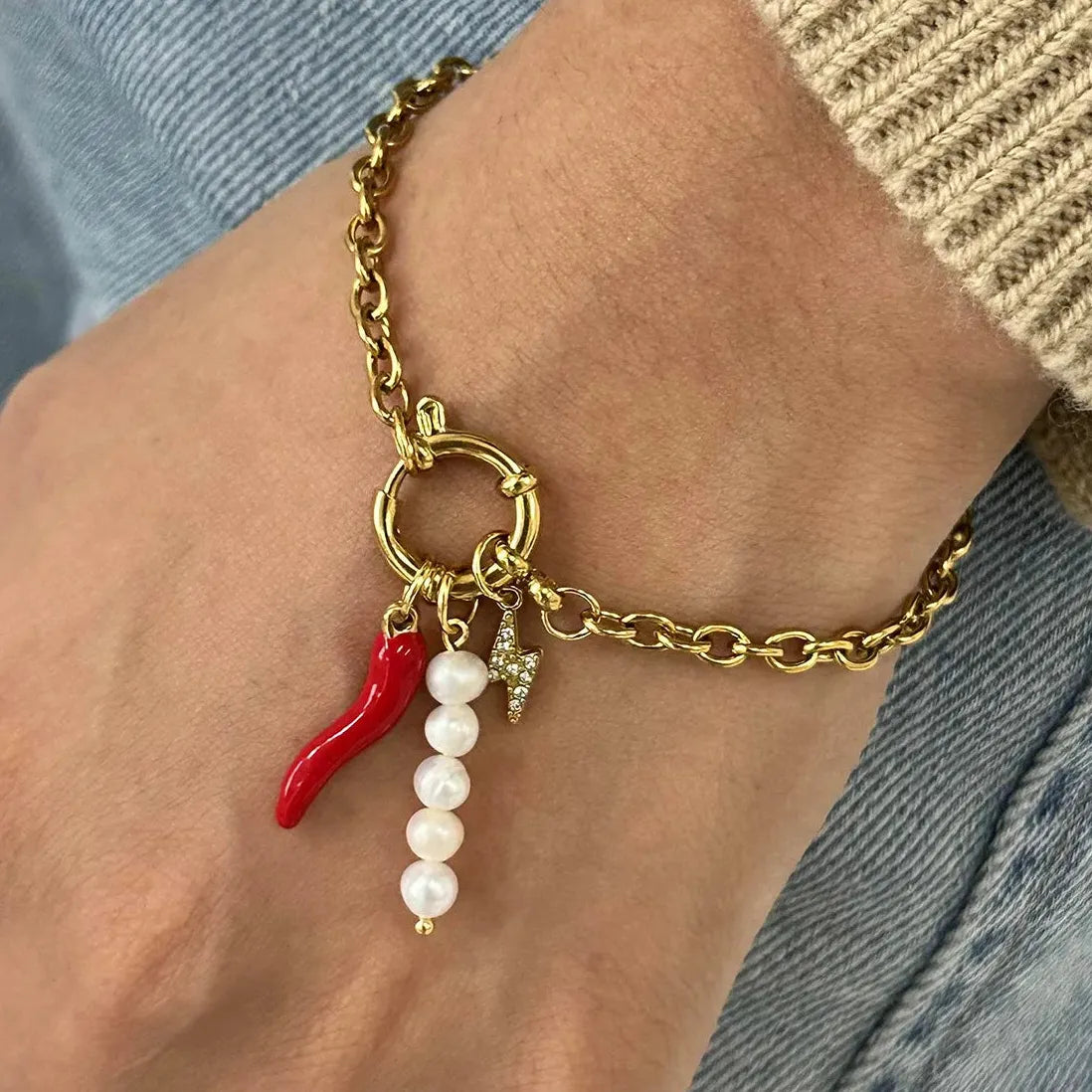 18k Gold Plated Red Chili Pepper Pearl Charm Bracelet Stainless Steel Women Jewelry