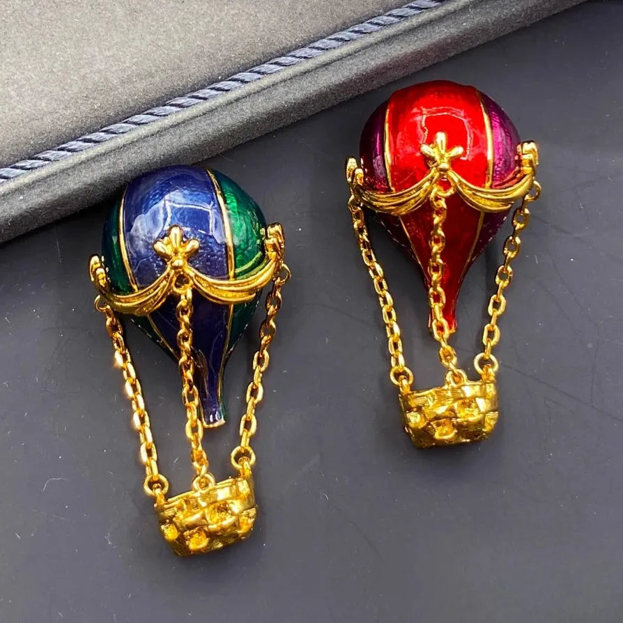 Vintage Luxury Red Blue Hot Air Balloon Brooch Pin for Women