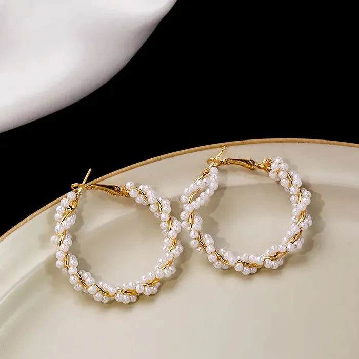 Korea Fashion Elegant Zinc Alloy Pearl Hoop Earrings for Women Gift