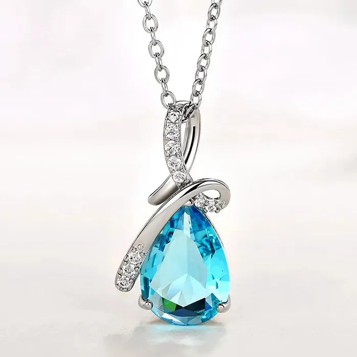 Blue Zirconia Water Drop Necklace for Women Engagement Brass Jewelry