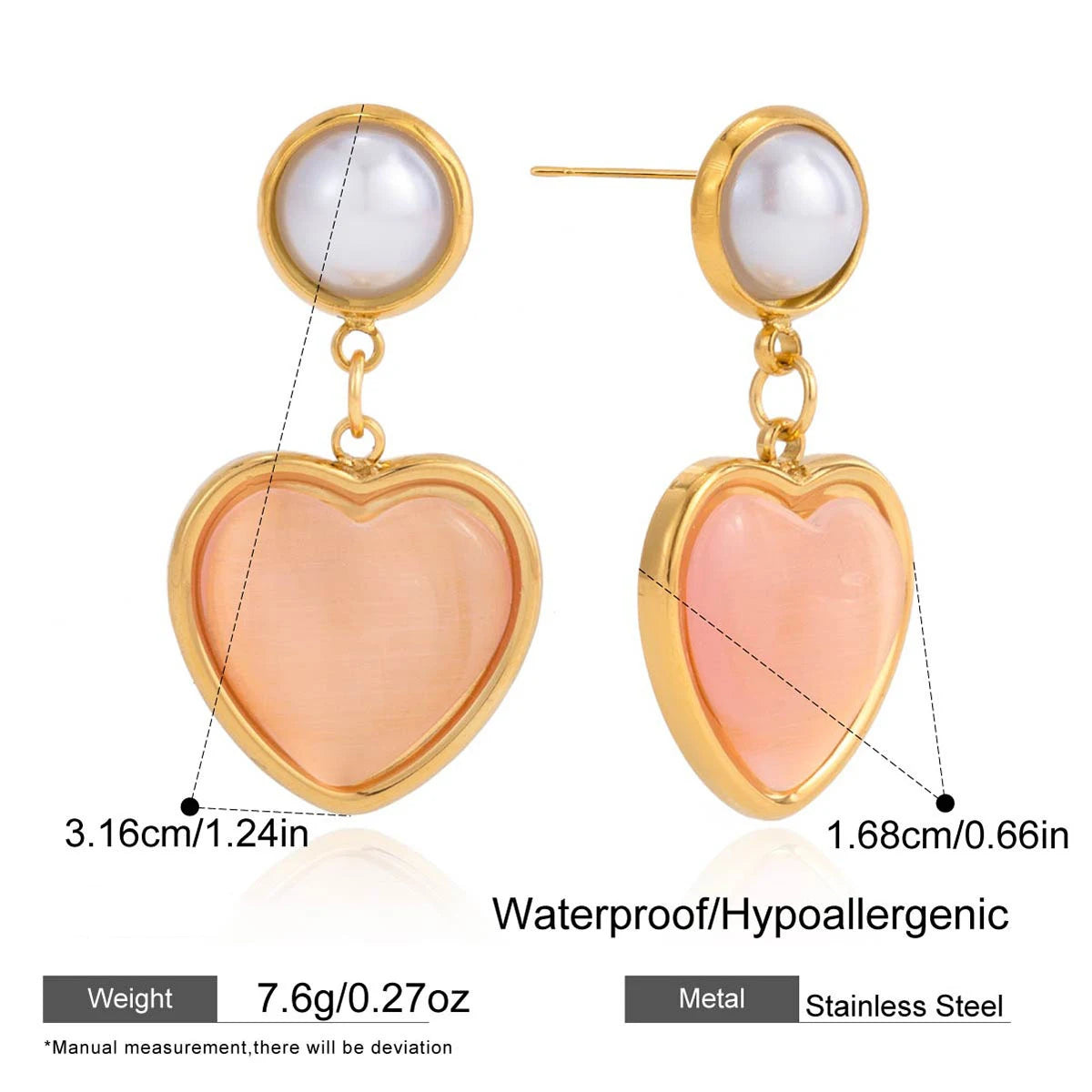 Pink Opal Love Heart Drop Earrings 18K Gold Plated Double Circle Hoops Bridal Jewelry