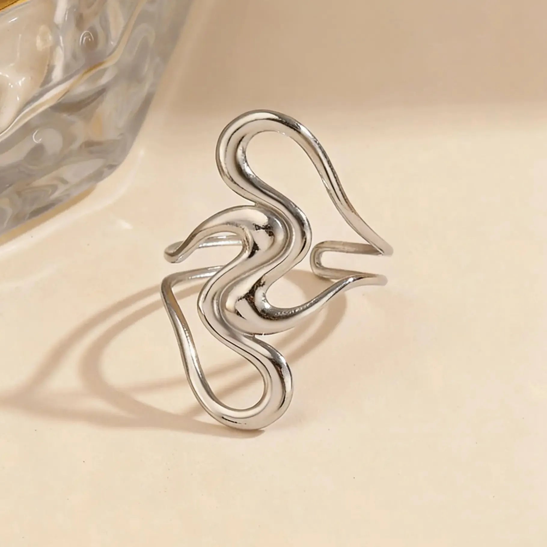 Gold Stainless Steel Irregular Hammered Open Ring Waterproof Gift for Women Men