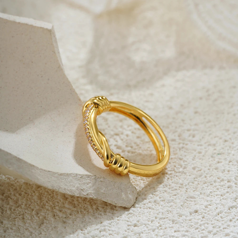 18K Gold Plated Zircon Twist Bilayer Circle Wedding Ring for Women Bride Jewelry