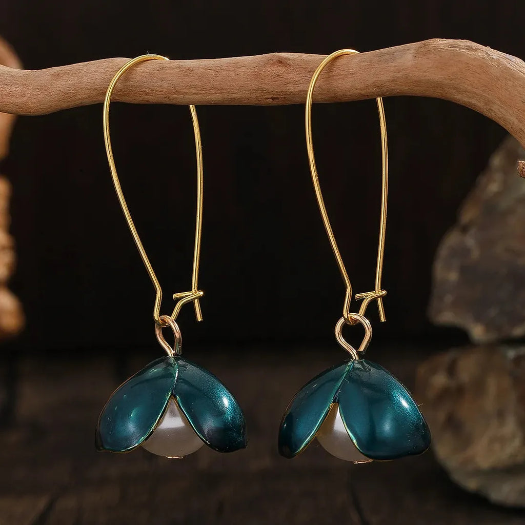 Women's Imitation Pearl Drop Earrings Green Leaf Alloy Resin Gold Retro Jewelry