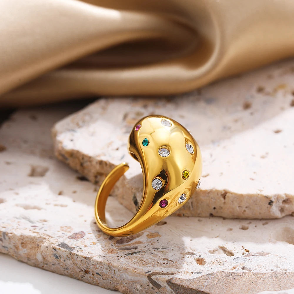 Waterdrop Multicolor Rhinestone Openable Ring Stainless Steel Pearl Vintage Jewelry