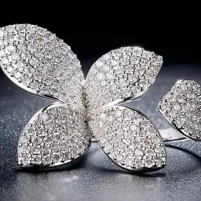 Women’s Flower Shaped Opening Ring Brass CZ Wedding Party Jewelry