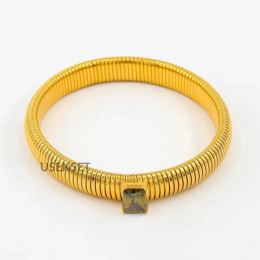 Hip Hop 18K Gold Plated Stainless Steel Wide Cuff Bracelet Crystal Bangle Jewelry