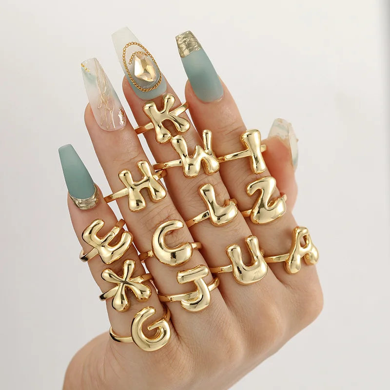 18K Gold Plated A-Z Balloon Bubble Letter Initial Ring Women Waterproof Wedding Jewelry