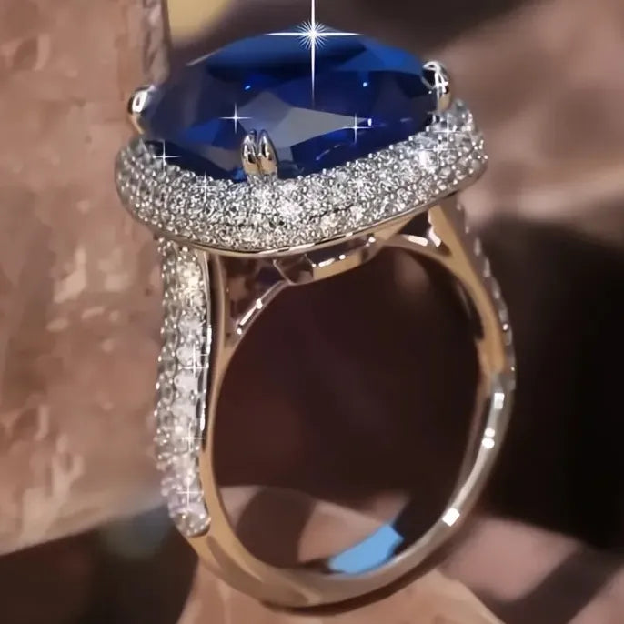 Brass Geometric Cocktail Ring with Blue Cubic Zirconia Wedding Gift