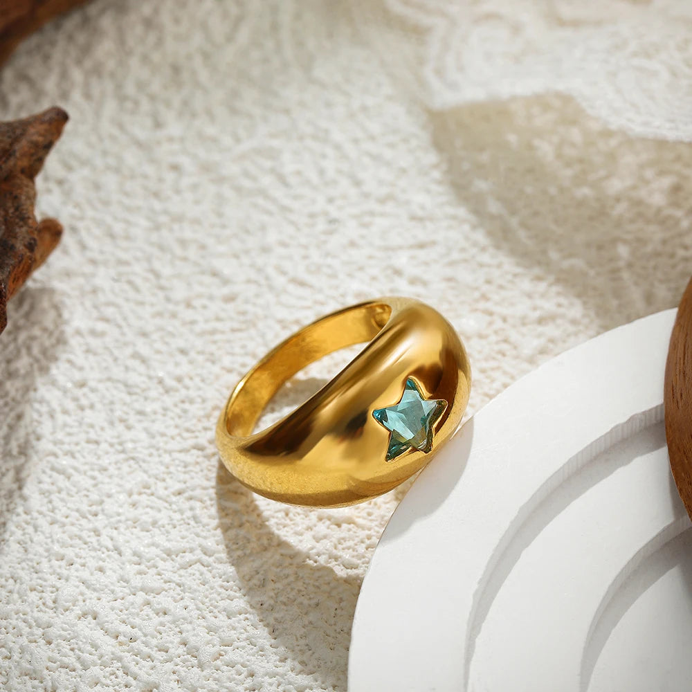 Chunky Dome Star Wedding Ring Stainless Steel CZ 18K Gold Plated Bridal Jewelry