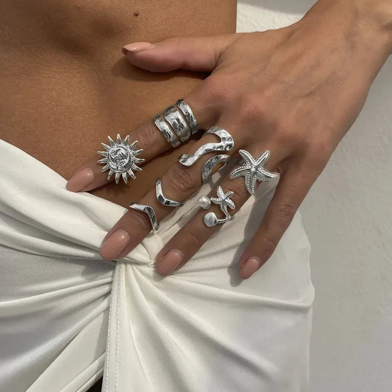 6Pcs Starfish Open Rings Punk Jewelry for Women Men Vintage Fashion Accessory
