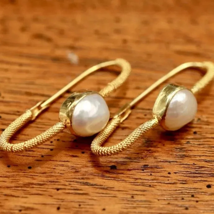 Retro Women's Turquoise Pearl Moonstone Gold Hoop Earrings Jewelry