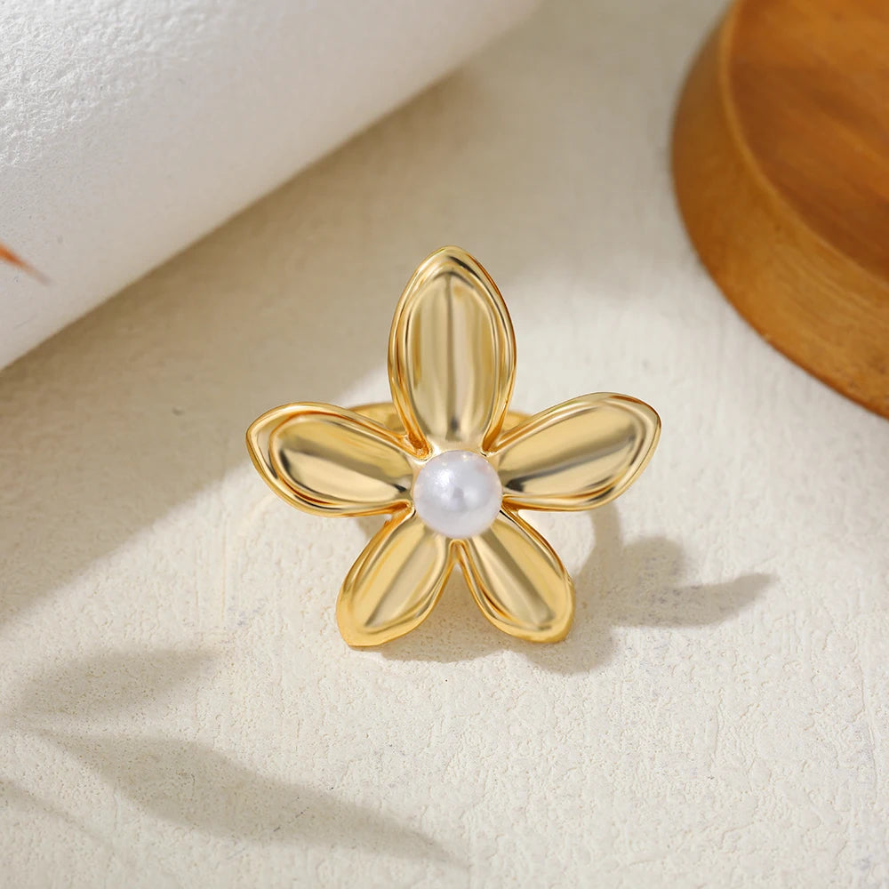 Flower Pearl Ring for Women Stainless Steel Plant Design Anti-Allergic Jewelry Gift 2025