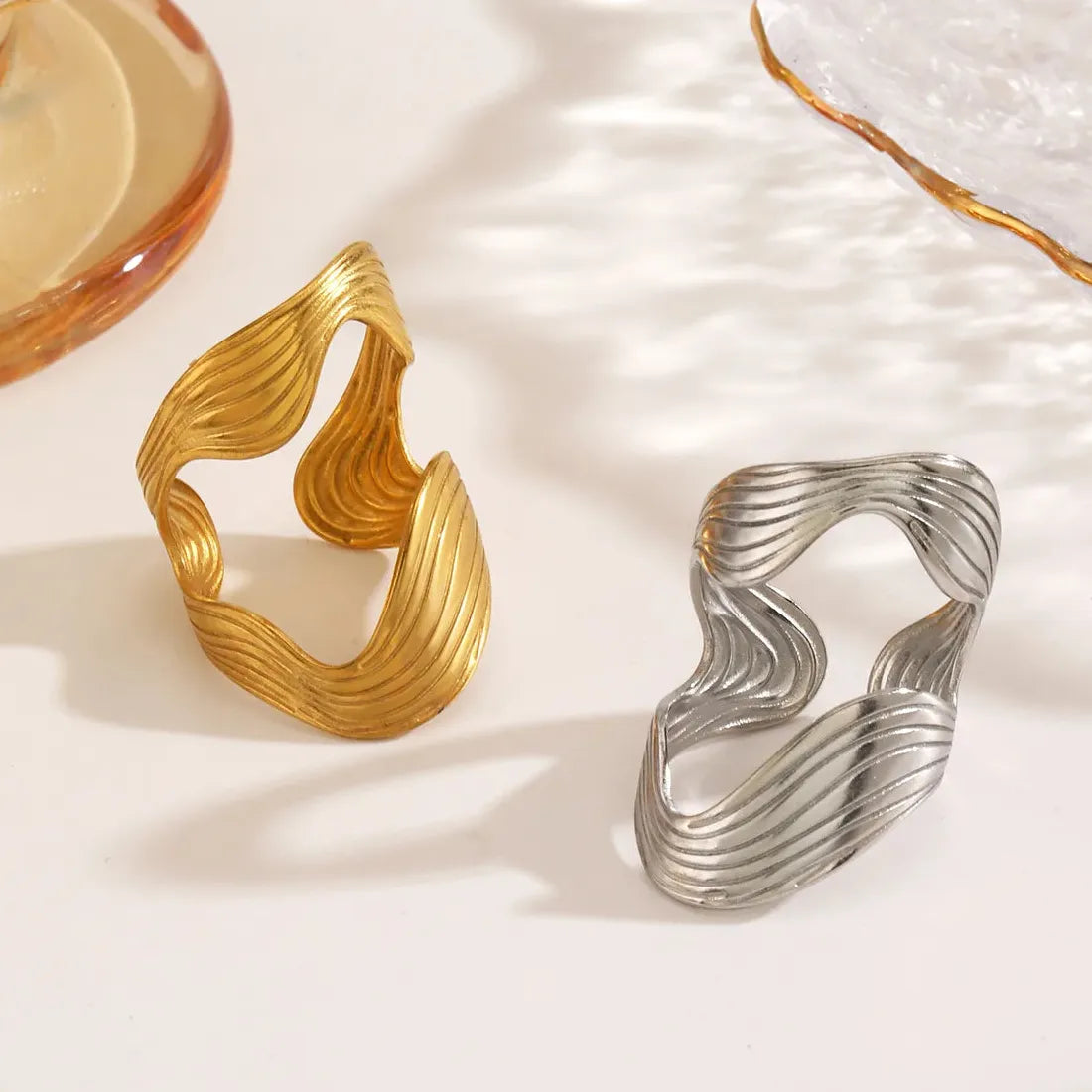 Vintage Geometric Wide Stainless Steel Cocktail Ring for Women Jewelry Gift