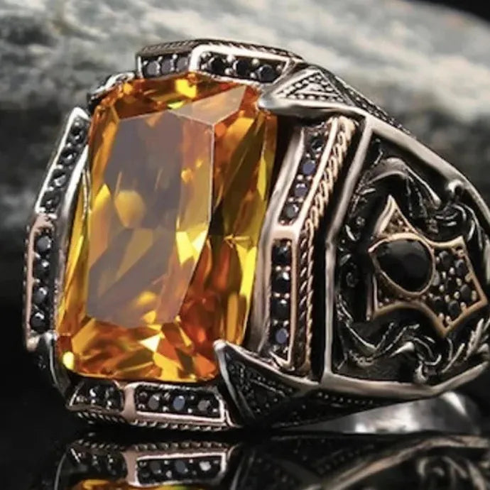 Retro Handmade Turkish Silver Signet Ring Men Green Zircon Carving Pattern