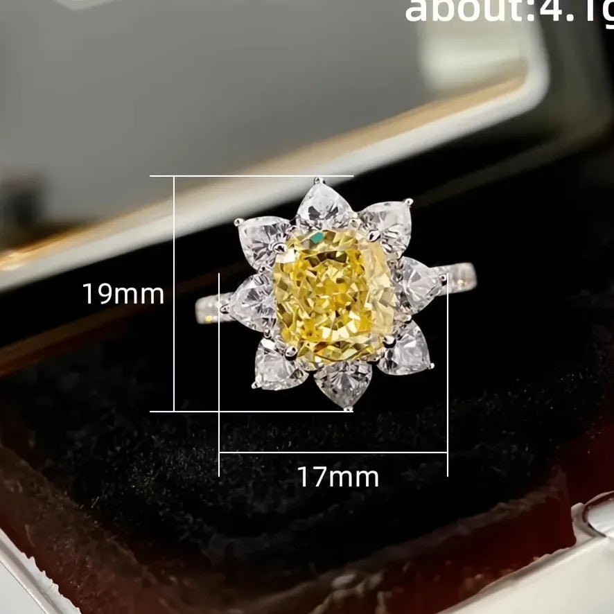 Luxury Sunflower Brass Wedding Band Ring for Women with Yellow CZ Flower Gift