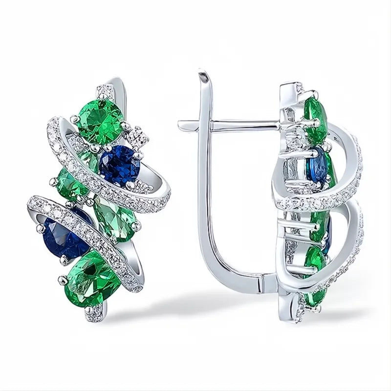 Green Blue Cubic Zirconia Hoop Earrings for Women Elegant Bridal Wedding Party Jewelry