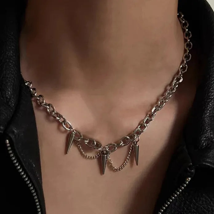 Punk Gothic Silver Cone Pendant Necklace Featuring Tassel Chain for Women