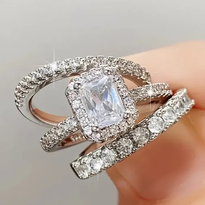 2023 Women’s Geometric Square Cubic Zirconia 3-Piece Wedding Ring Set