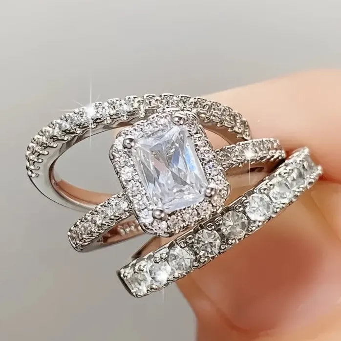 Modern Geometric Square Cubic Zirconia 3Pcs Brass Women Rings 2023