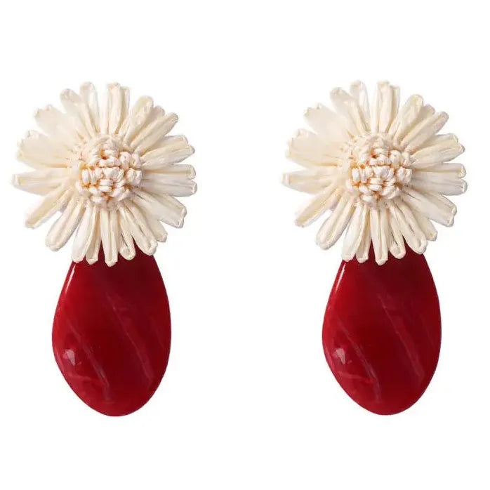 Red Geometric Acrylic Oval Drop Earrings Women Vintage Knitted White Flower Jewelry