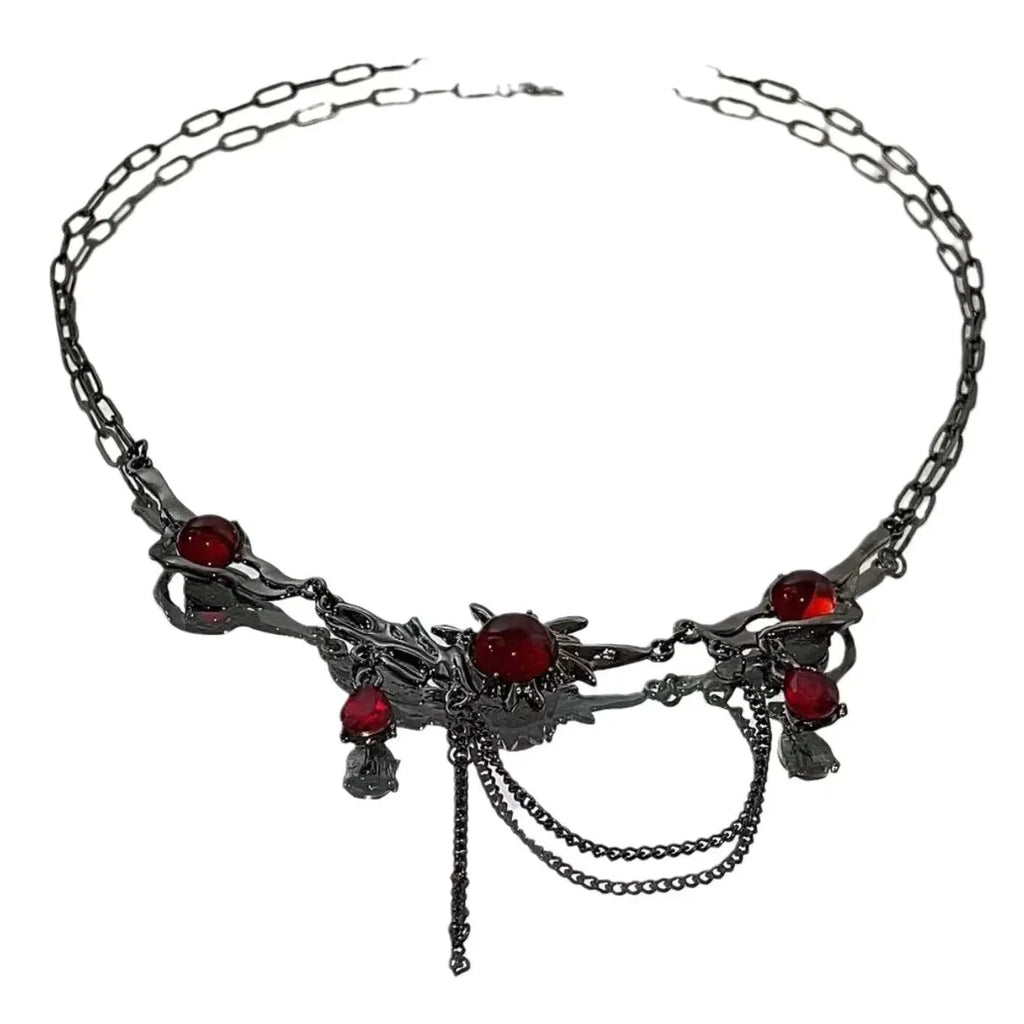 Black Stainless Steel Chain Necklace with Red Zircon Waterdrop Pendant