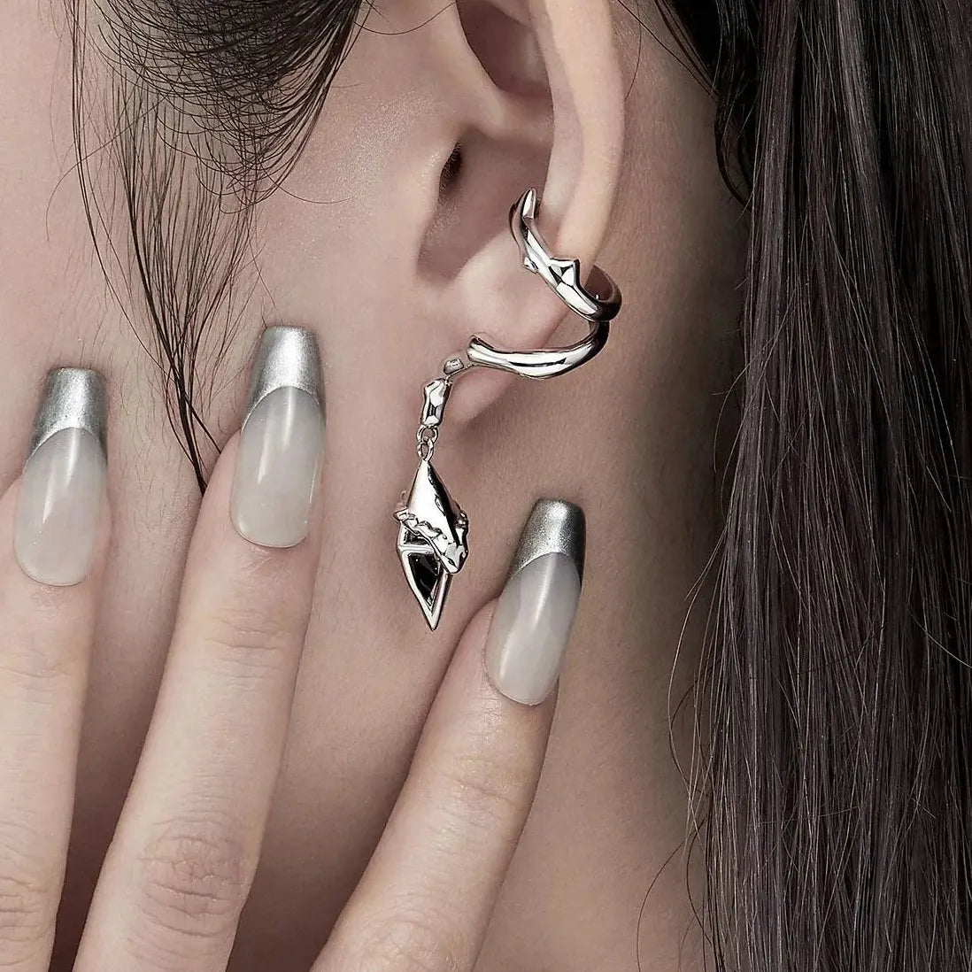 Punk Hip Hop Fox Animal Clip Earrings Black Zircon Cone Metal Non-Piercing Cuff Women