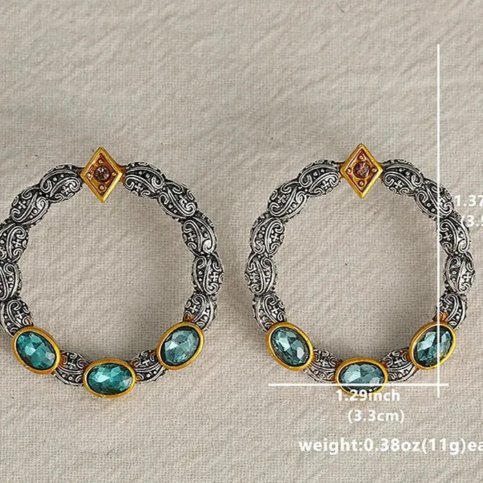 Vintage Inlaid Blue Semi-Precious Stone Zinc Alloy Bohemian Round Earrings Gift