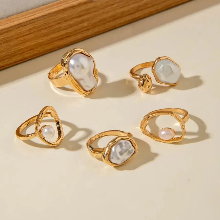 5Pcs Retro Baroque Pearl Asymmetric Geometric Gold Rings Set for Women Jewelry