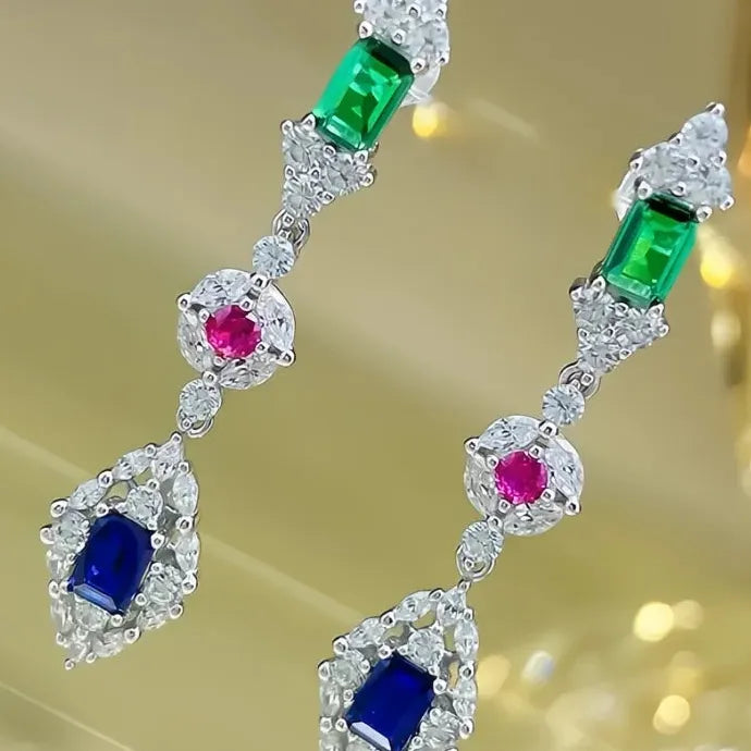 Women Geometric Drop Earrings Brass CZ Red Green Blue Sparkling Jewelry