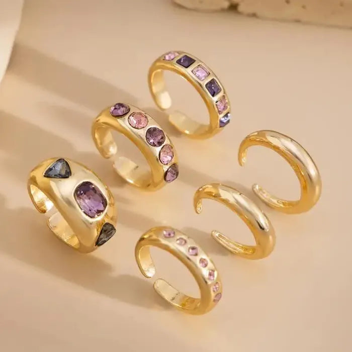 6Pcs Adjustable Purple Zircon Geometric Rings for Women Vintage Style