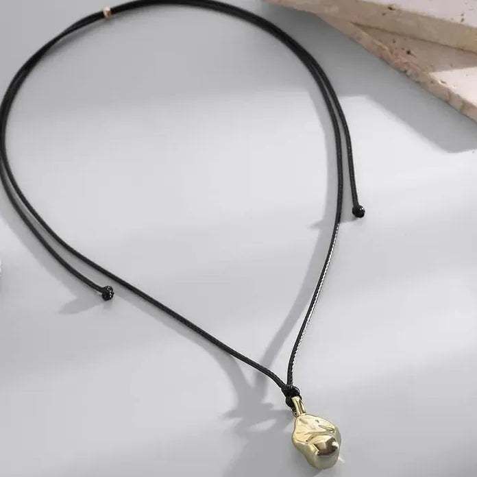Round Hollow Pendant Necklace for Women Black Leather Rope Sweater Chain Geometric Design