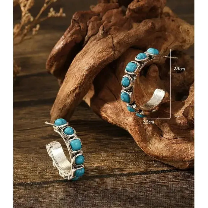 Retro Women's Geometric Turquoise C-Shaped Hoop Earrings Zinc Alloy Jewelry