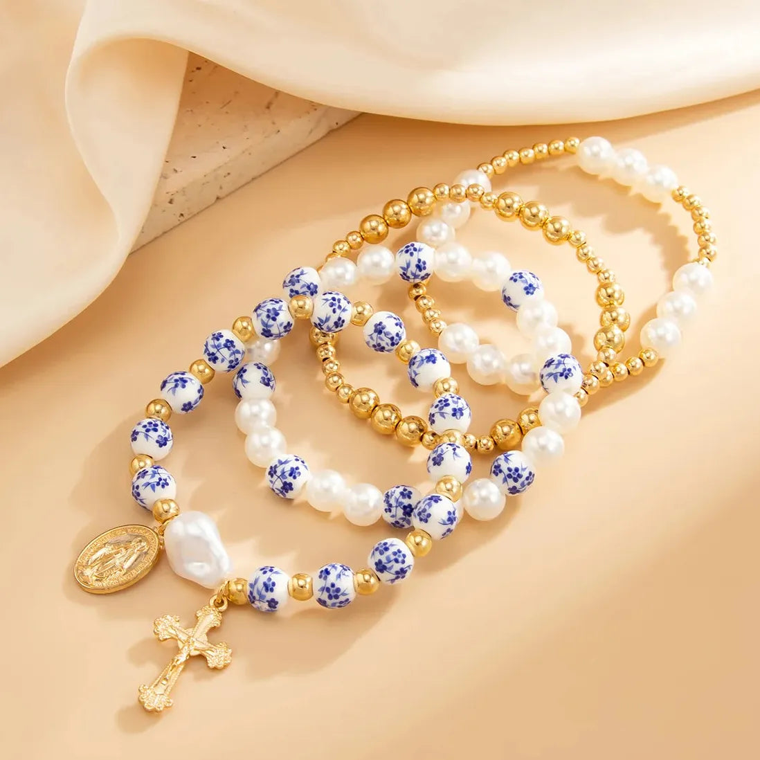 4pcs Blue White Porcelain Round Bead Bracelet Women Geometric Pearl Cross Jewelry