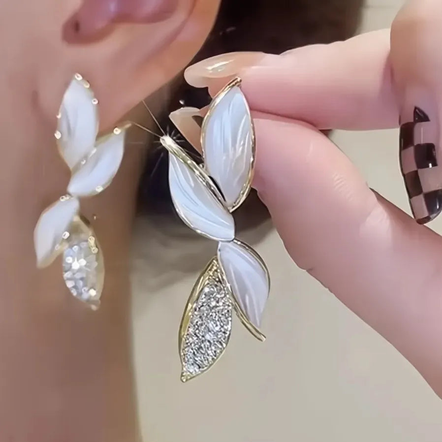 Korean White Leaf Gold Geometric Drop Earrings with Cubic Zirconia