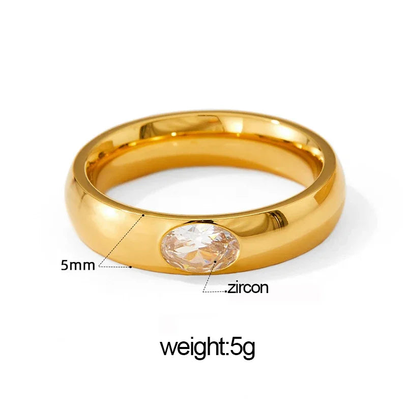 18K Gold Plated Stainless Steel Oval Zircon Crystal Wedding Ring for Women